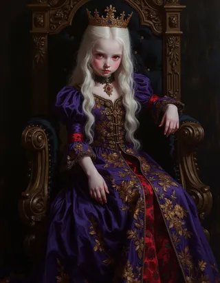 A tween princess with glowing red eyes, long white hair, and a sharp-toothed smile sitting on a black ornate throne, wearing a richly embroidered purple and gold dress, in a dark setting.