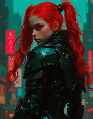 A hyper-realistic portrait of a young woman with vibrant red twintails wearing intricate black and green futuristic armor, standing against a neon-lit cyberpunk cityscape background.
