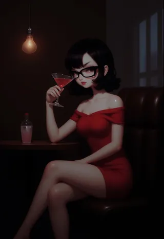 Mature female with black framed glasses wearing an off-shoulder red dress sits in a modern bar with a martini glass in hand under soft warm light.