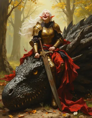 An elven warrior with long white hair and gold armor sitting joyfully atop a dead black dragon's head in a sunlit forest, holding a rune-inscribed greatsword.