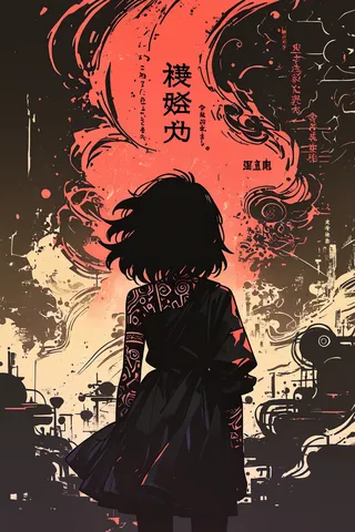 Silhouette of a girl with tattoo-like patterns on her arms and back, standing against an abstract gradient background with archaic Japanese text in red and beige tones.