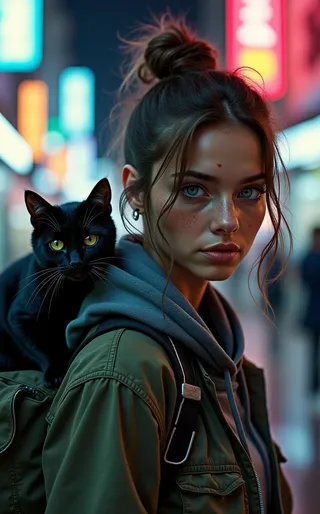 Close-up portrait of a young woman with blue eyes and freckles, wearing a military jacket and hoodie, with a black cat on her back in a vibrant city at night.