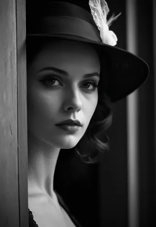Monochrome closeup portrait of a 28-year-old French woman with a stern look wearing a vintage fedora with a veil, partially covered in shadow with cinematic lighting.