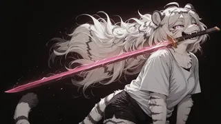 A white tiger anthropomorphic anime character in toon style, wearing a white shirt and black shorts, holding a glowing pink sword in its mouth, with pink eyes and black stripes, standing against a dark background.