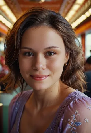 Portrait of a smiling young woman with short brown hair, wearing a lavender floral dress, looking directly at the viewer with soft lighting.