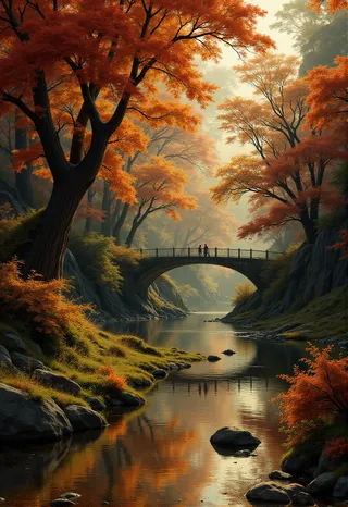A serene autumn landscape with vibrant orange foliage trees surrounding a calm river, and a small stone bridge with two people standing on it.