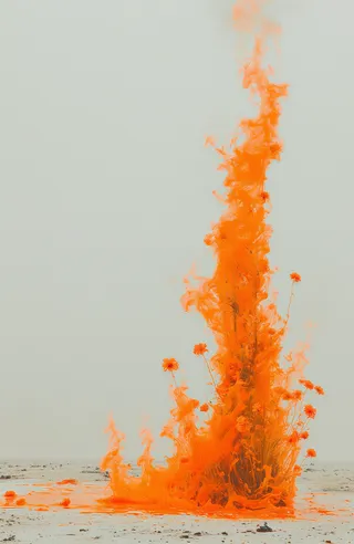 A surreal scene of burning orange flames resembling liquid engulfing flowers that appear to be smoking, set against a pale, muted background.
