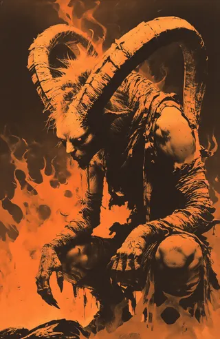 A muscular demonic creature with large twisted horns crouches amidst swirling flames and intense fiery smoke, wearing tattered orange-brown clothing with glowing orange eyes.