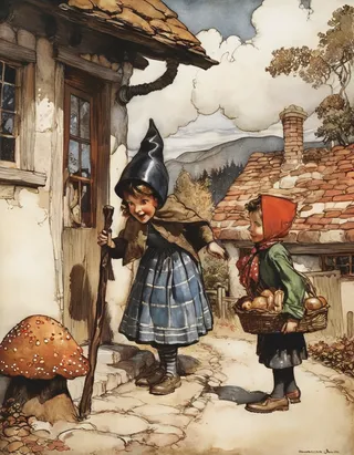 Illustration of two children standing outside a rustic gingerbread house with a girl in a pointed black hat holding a wooden staff and a boy with a basket, detailed countryside background and mushrooms.