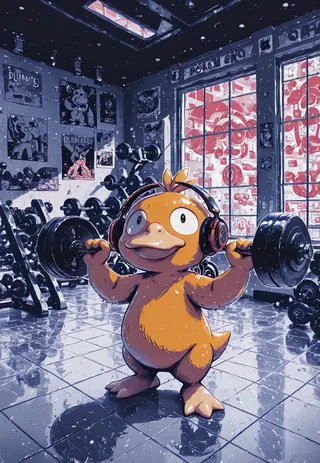 Psyduck wearing headphones while lifting a heavy dumbbell inside a gym with exercise equipment and Pokemon posters on tiled floor