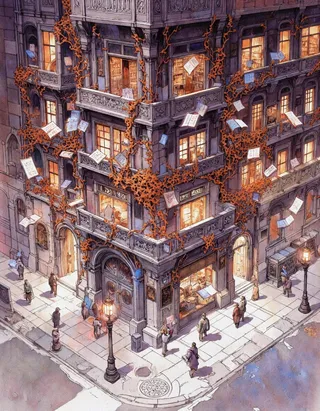 A street-corner magical library featuring ancient stone architecture adorned with glowing orange vines, warm amber-lit windows, and numerous floating books illuminating the urban scene.