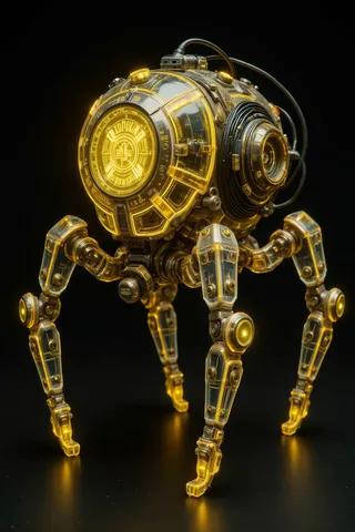 A highly detailed glowing yellow neon buggy legged mecha vehicle with transparent skin and intricate mechanical parts on a dark background.