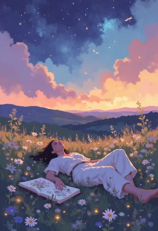 A person lying in a flower-filled meadow at twilight, surrounded by wildflowers and glowing fireflies, gazing up at a soft pastel sky with drifting clouds and dragonflies.