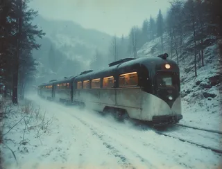 A vintage 1930s streamline train with Art Deco design travels through a snow-covered mountainous landscape, its warmly lit passenger carts contrasting the icy winter environment.