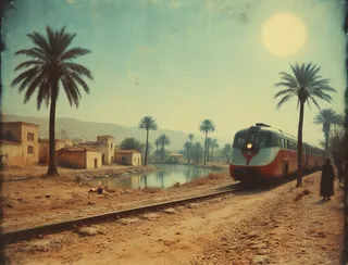 A 1930s streamlined locomotive traveling on tracks through a desert landscape near an Arabic village with palm trees and an oasis under bright sun.
