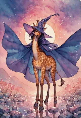 Watercolor art of a mirror witch with a cloak reflecting magical micro-worlds, riding a giraffe under a bright, glowing sun with vaporwave colors