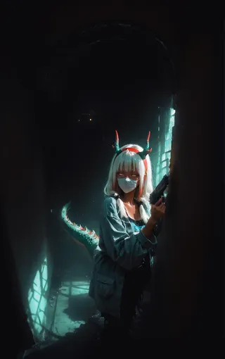 A masked female character with white hair, dragon horns, and a reptilian tail holding a handgun inside a dark, chiaroscuro-lit interior near a window with light rays.