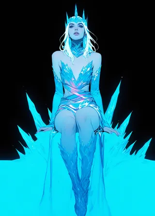 A blue-toned ice sorceress with an asymmetrical outfit, glowing ice crown, and frost boots sitting on an ice throne against a black background.