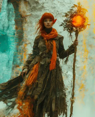 A fantasy elf woman with red hair and pointed ears wearing detailed earth-toned clothing and an orange scarf, holding a wooden staff with a glowing orb and leaves.