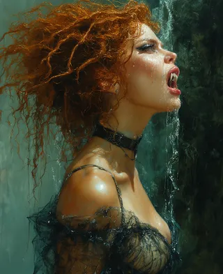 Profile of a dramatic vampire woman with bright red hair and wet skin under a waterfall, wearing goth-style black lace clothing and a collar, mouth open to reveal fangs.