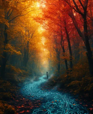 A magical autumn forest with glowing blue intricate patterns on the path and a solitary female figure standing amidst tall trees with fiery orange and red leaves.