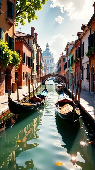 A scenic Venice canal with colorful gondolas floating on calm water, traditional Venetian buildings lining the canal, a stone bridge arching overhead, and a church dome in the background under a partly cloudy sky with atmospheric lighting.