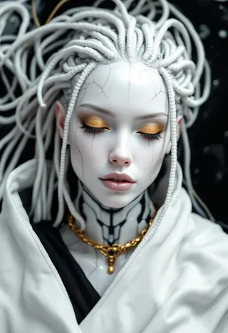 Realistic portrait of a woman with white dreadlocks, marble-like skin with cracks, gold eyeshadow and lipstick, wearing white armor and a gold necklace, against a black liquid background.