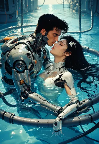A science fiction scene showing an android man and a cyborg woman partially submerged in water, sharing an intimate moment with closed eyes and wet hair, surrounded by mechanical cables.
