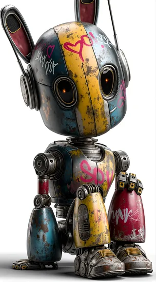 A hyperrealistic robot bunny with oversized ears and headphones, covered in colorful graffiti tags and weathered metal, sitting on a white background.