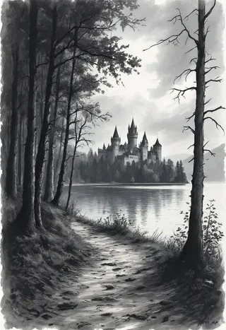 Charcoal drawing of a forest path along the lake with a distant castle visible across the water, featuring dramatic contrast and expressive strokes.