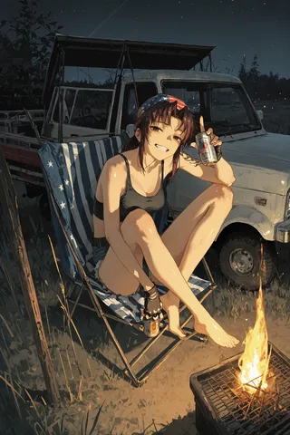 A relaxed girl with an American flag bandana sitting barefoot in a camping chair, holding a beer can, next to a pickup truck and a small fire at a backyard barbecue at night.