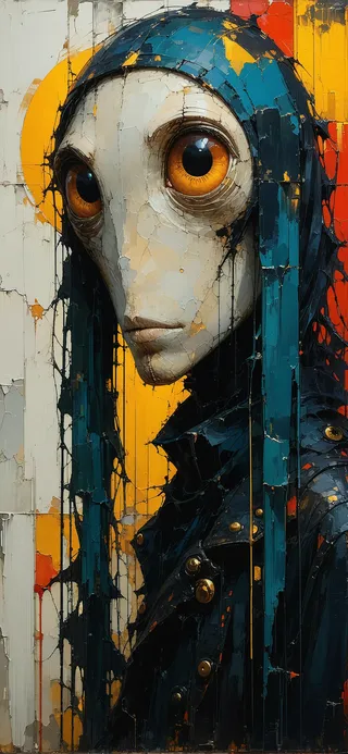 A backlit strange creature resembling a cyclops with a large orange dilated pupil eye, long blue hair, and wearing a dark hooded jacket, painted in the style of Jim Mahfood.