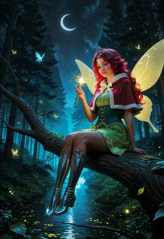 A fairy with long red hair glowing with gold tips and delicate yellow wings sits on a tree branch over a forest stream at night, holding a glowing silver scepter under a crescent moon.
