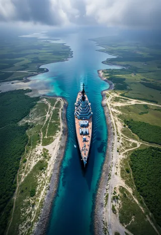 Aerial drone photography of a large battleship sailing through a narrow channel with clear blue water, surrounded by lush green lands and cloudy sky.