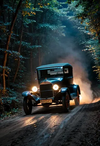 Vintage Ford Model T driving on a dirt forest road at night with headlights on and dust trailing behind.