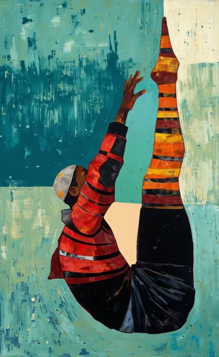 Abstract contemporary painting featuring two figures from a top-down view. One figure wears a red and black striped sweater and a grey cap, while the other wears an orange and yellow striped sweater. They extend their arms upwards against a textured teal-green background.