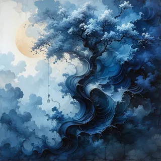 Abstract Japanese art featuring a surreal flowing tree with blue cherry blossoms and fluid ink strokes on an old paper background.