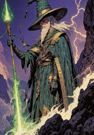 A bearded old sorcerer in a detailed emerald robe stands on a rocky cliff under a purple stormy sky, holding a glowing green magic staff with lightning in the background.