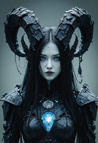 Portrait of a dark fantasy female boss with large rune-etched black horns, glowing blue eyes, and gothic armor featuring a glowing frozen sigil in her chest.