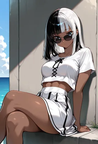 A dark-skinned girl with split black and white hime cut hair wearing sunglasses, a white lace-up crop top and a striped skirt, sitting on a low wall outdoors by the sea.