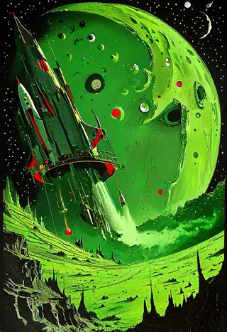 A surreal green moon with a human-like comic face featuring exaggerated eyes, nose, and mouth, with a rocket ship planted in its left eye, set against a starry background.