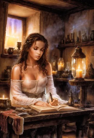 A medieval woman with long wavy brown hair and an off-shoulder white blouse writing at a wooden desk surrounded by candles and glass jars in a rustic room illuminated by natural light.