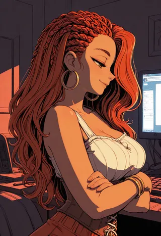 Profile of a confident red-haired girl with braided two-tone hair, wearing a corset and hoop earrings, seated in a bedroom with a computer monitor in the background.