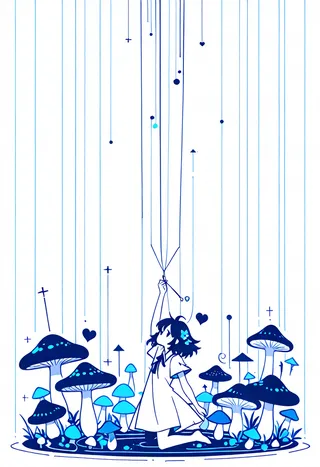 Minimalist line art of a girl kneeling among stylized mushrooms holding thread and needle with floating abstract shapes in blue tones.