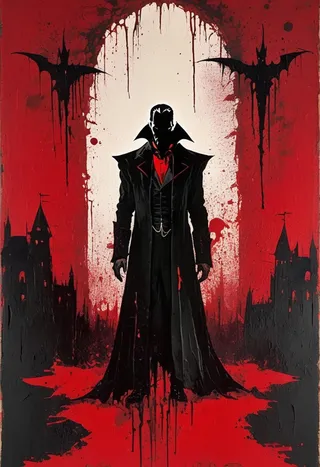 Grunge spray paint portrait of Dracula with sharp stencil edges, blood-red and deep black color palette, featuring dripping paint textures and gothic urban background.