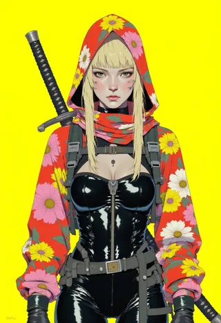 Digital illustration of a female warrior with platinum blonde hair wearing a red floral hooded cloak and a black high-tech bodysuit, holding a katana sword on a yellow background.