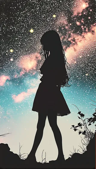 Silhouette of a young adult girl standing against a star-filled electric blue sky with surreal and dystopian atmosphere