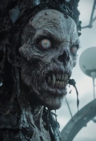 Close-up of a monstrous alien creature with black glossy fractal skin, glowing eyes, sharp teeth, and a detailed, deep-sea textured face, with a blurry white sphere in the background.