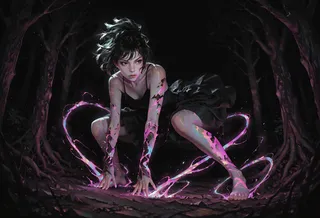 Full-body image of a witch in a black dress crouching in a combat stance, conjuring glowing pink magic energy in a dark, eerie forest at night.