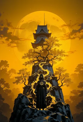 Anime-style illustration of an ancient Japanese Edo castle silhouetted against a giant yellow moon at sunset, surrounded by sakura trees and a mysterious hooded figure standing in front.